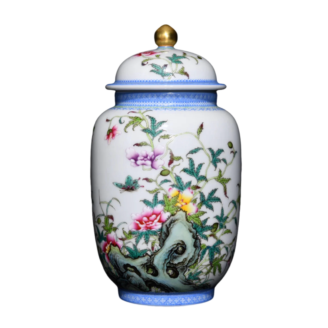 A0191 Chinese Gilt Gold Blue And White Porcelain Famille Rose Flower & Butterfly Design Porcelain Pot