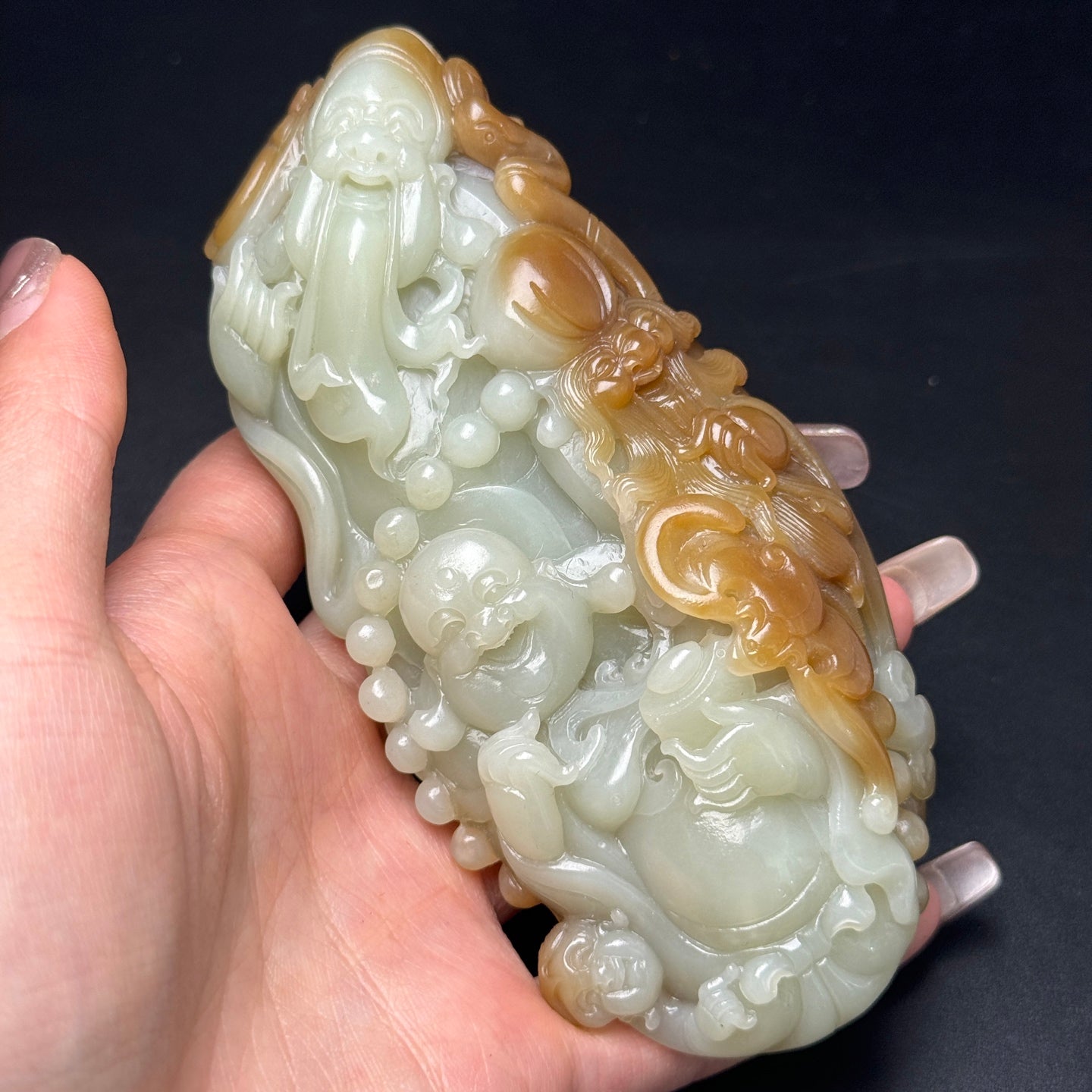 A0199 Chinese Natural Double Color Hetian Jade Carved Taoism Deity Fukurokuju Statue