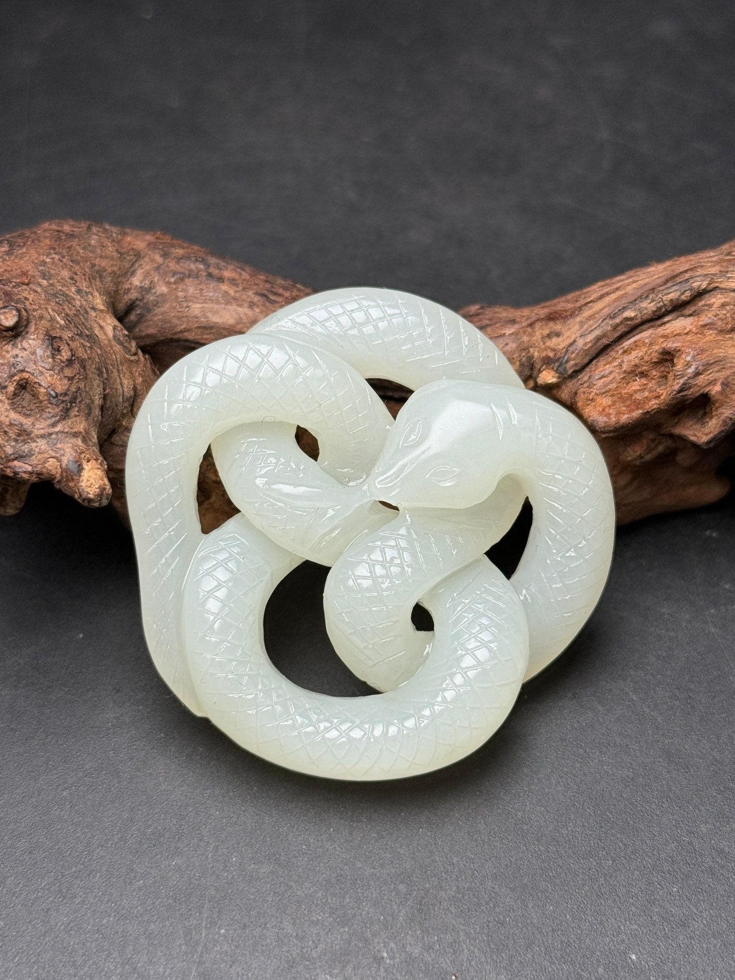 A0204 Chinese Natural White Hetian Jade Carved Snake Pendant