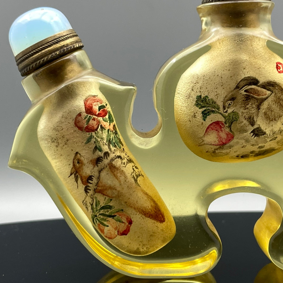 A0213 Old Chinese Yellow Peking Glass Inside Painting Rabbit Design Conjoined Snuff Bottle