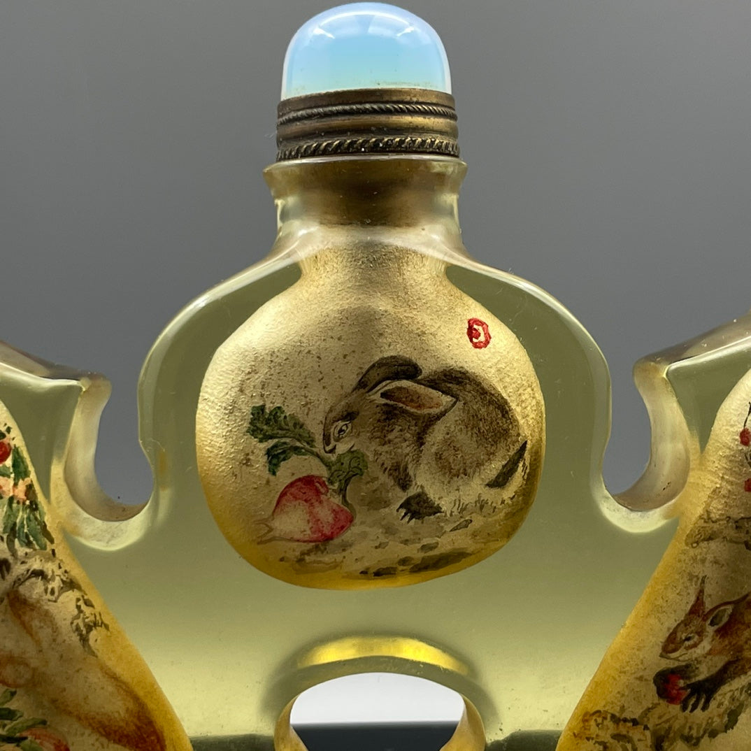 A0213 Old Chinese Yellow Peking Glass Inside Painting Rabbit Design Conjoined Snuff Bottle