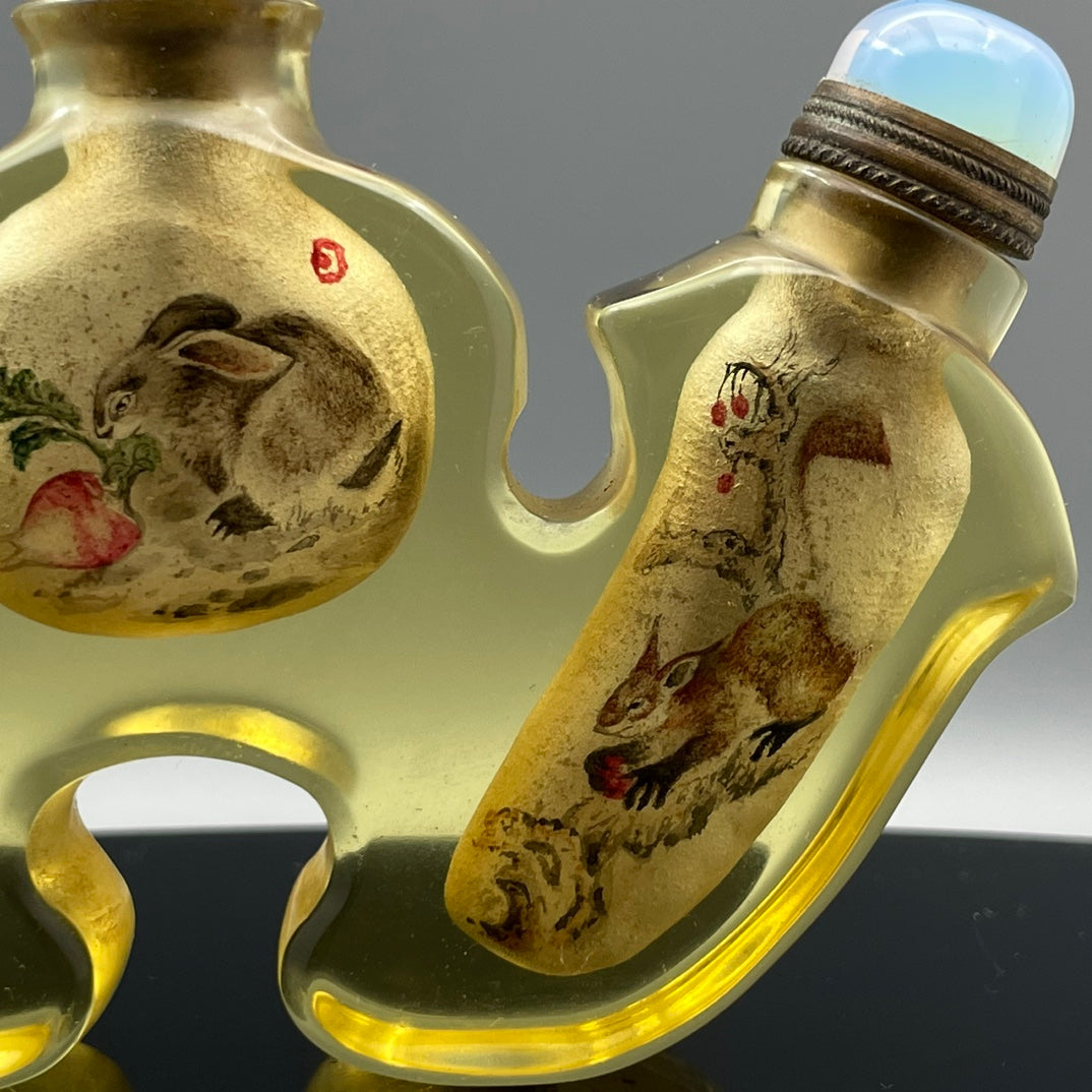 A0213 Old Chinese Yellow Peking Glass Inside Painting Rabbit Design Conjoined Snuff Bottle