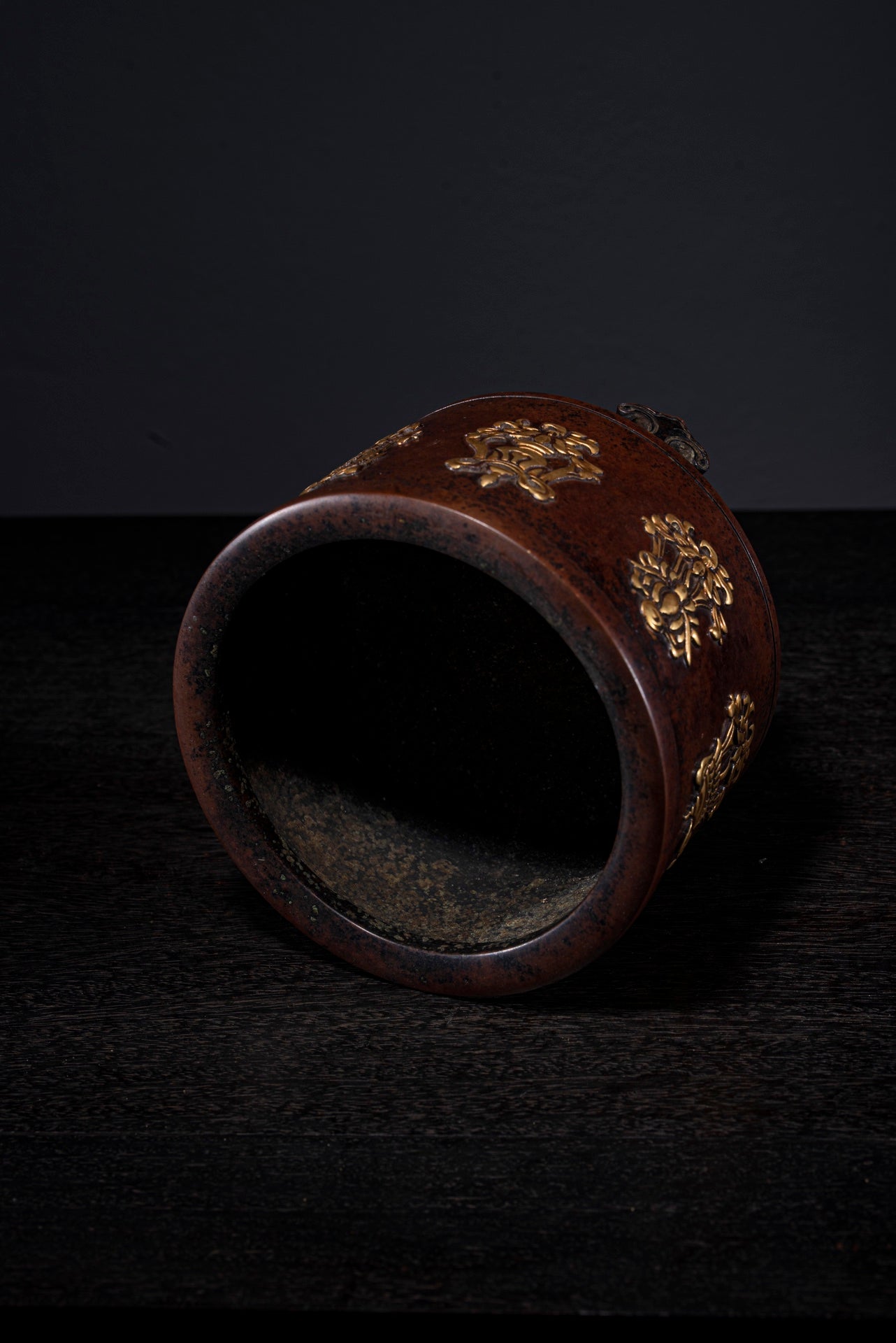 A0215 Vintage Chinese Gilt Gold Copper Low Relief Eight Treasures Incense Burner