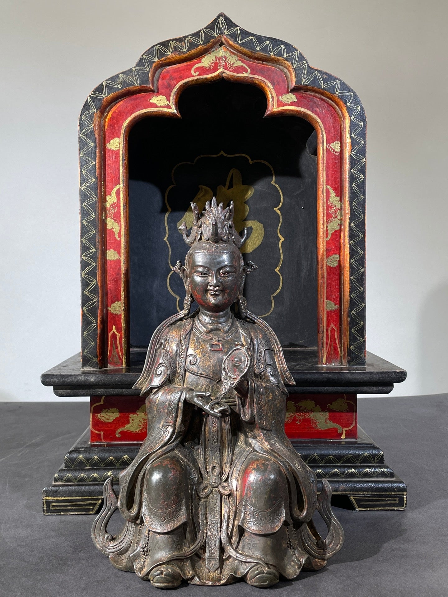 A0233 Vintage Chinese Gilt Gold Bronze Mazu Statue w Gilt Gold Wooden-cored Lacquerware Shrines