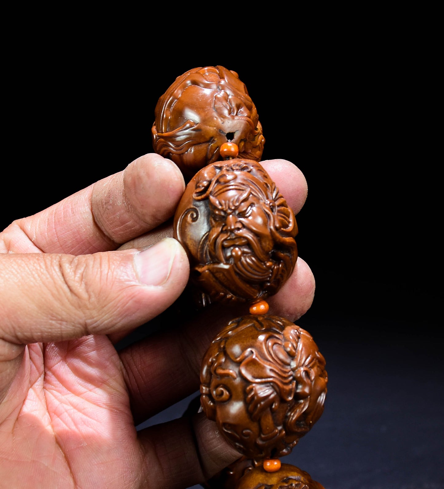 A0236 Old Chinese Olive Nut Carved Guangong Beads Bracelet