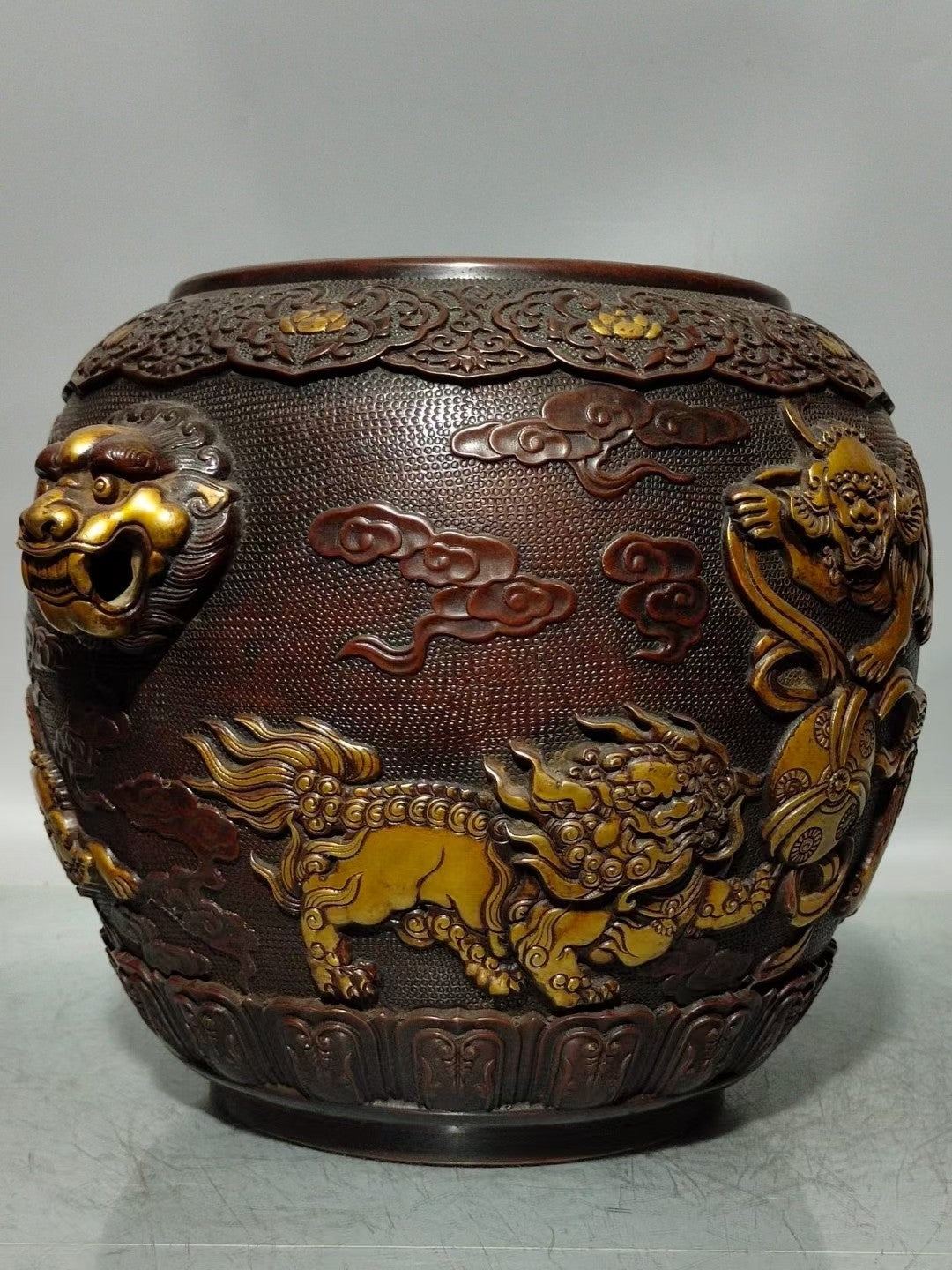 A0238 Vintage Chinese Gilt Gold Copper Low Relief Lion Design Double Ears Incense Burner