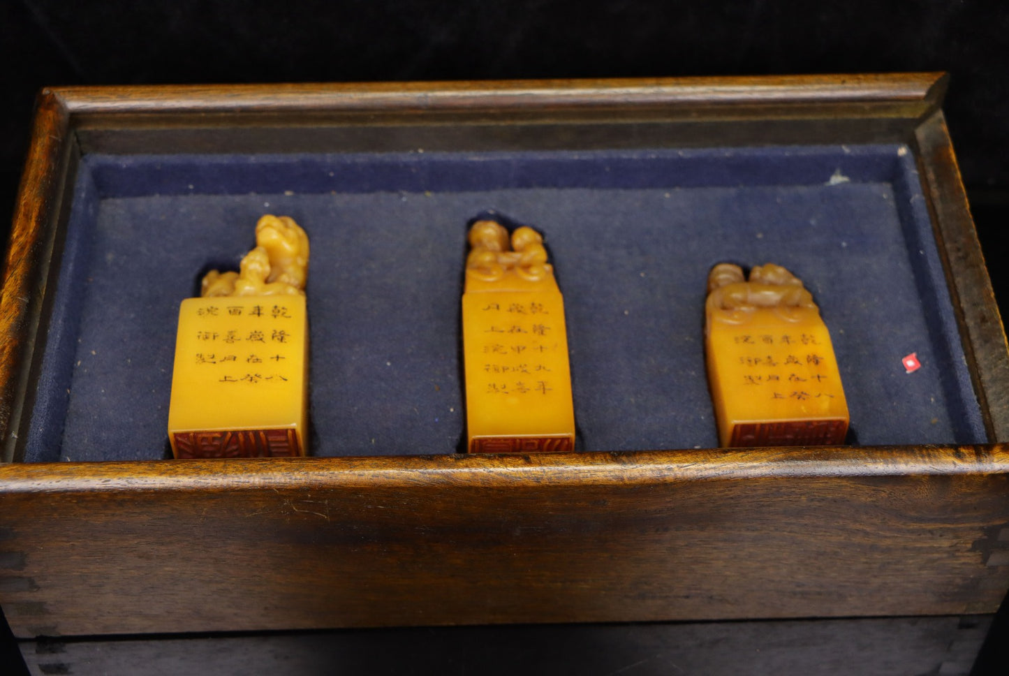 A0239 Three Old Chinese Shoushan Stone Tianhuang Stone Carved Beast Seal w Box