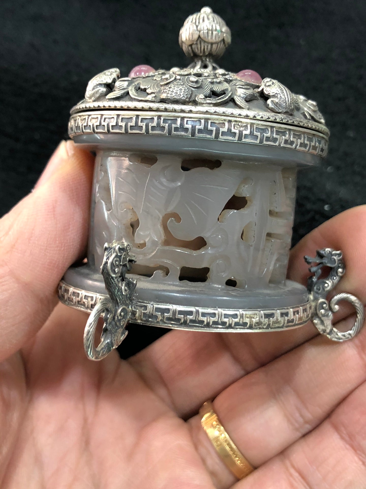 A0244 Openwork Chinese Pure Silver Inlay Hetian Jade & Gem Incense Burner