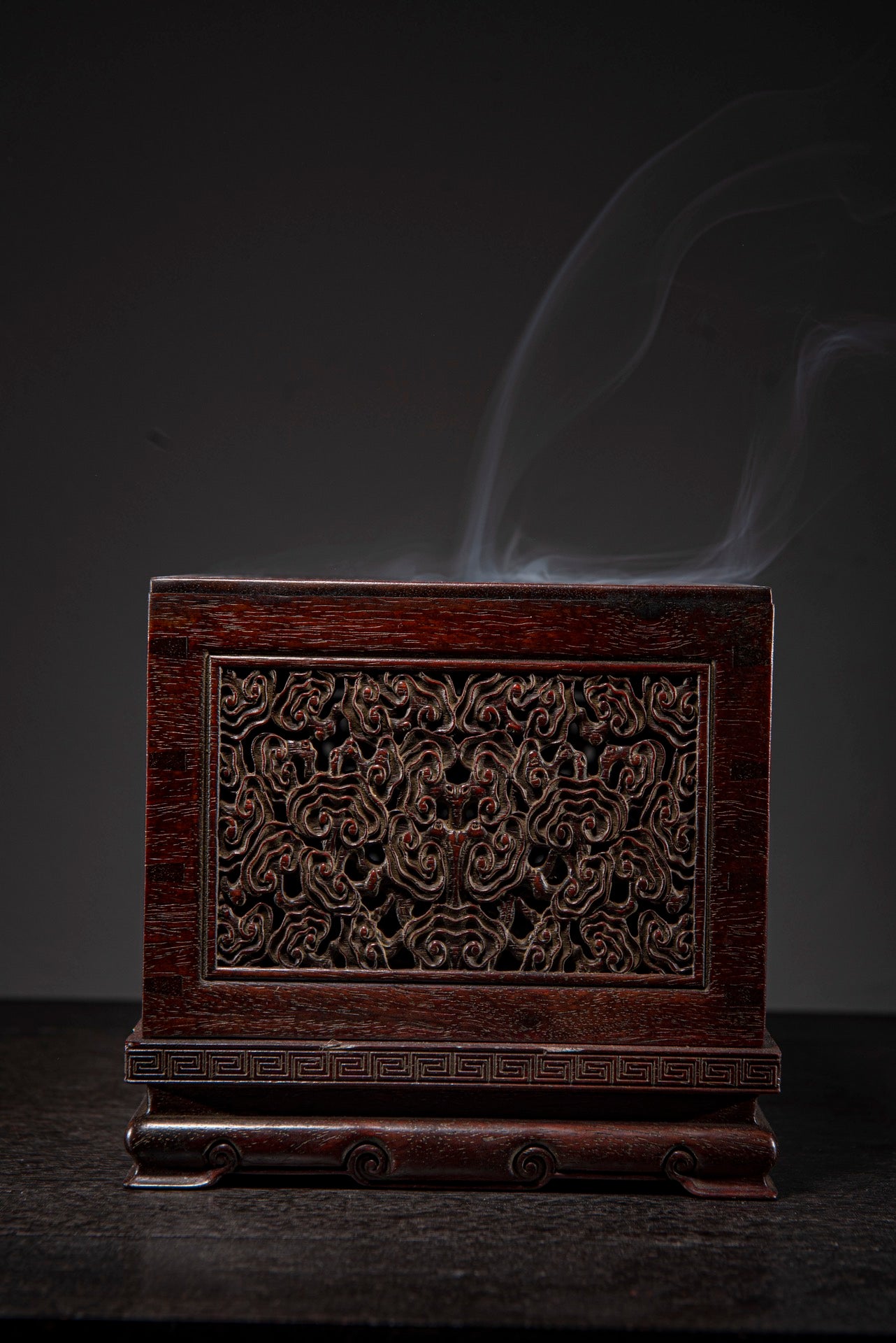 A0247 Openwork Old Chinese Huali Wood Carved Ruyi Design Incense Burner