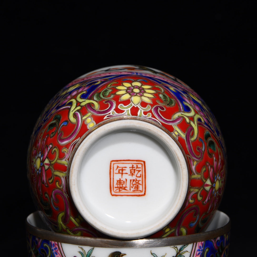 A0260 A Pair Chinese Plated Silver Famille Rose Flower Design Porcelain Cups