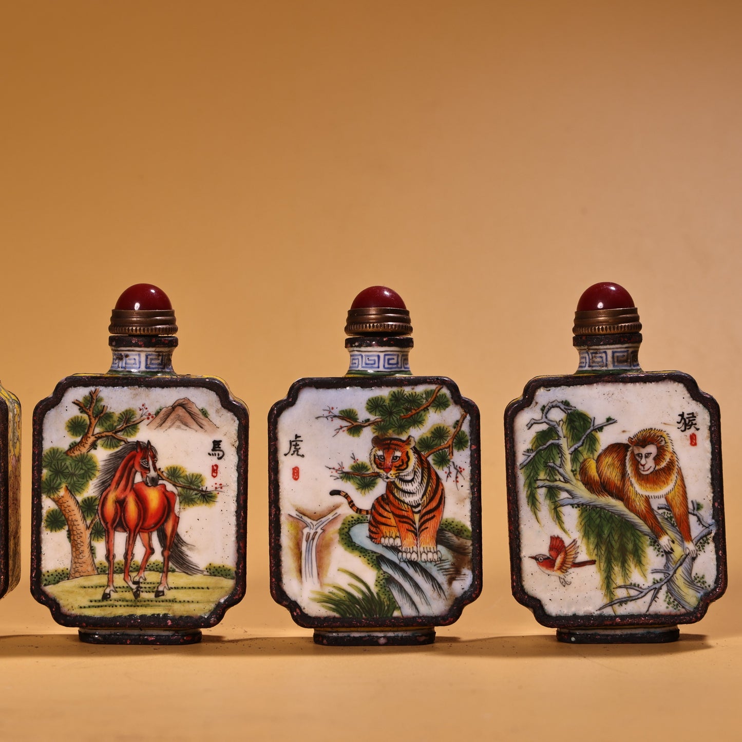 A0273 A Set Six Vintage Chinese Bronze Enamel 12 Zodiacs Design Snuff Bottle