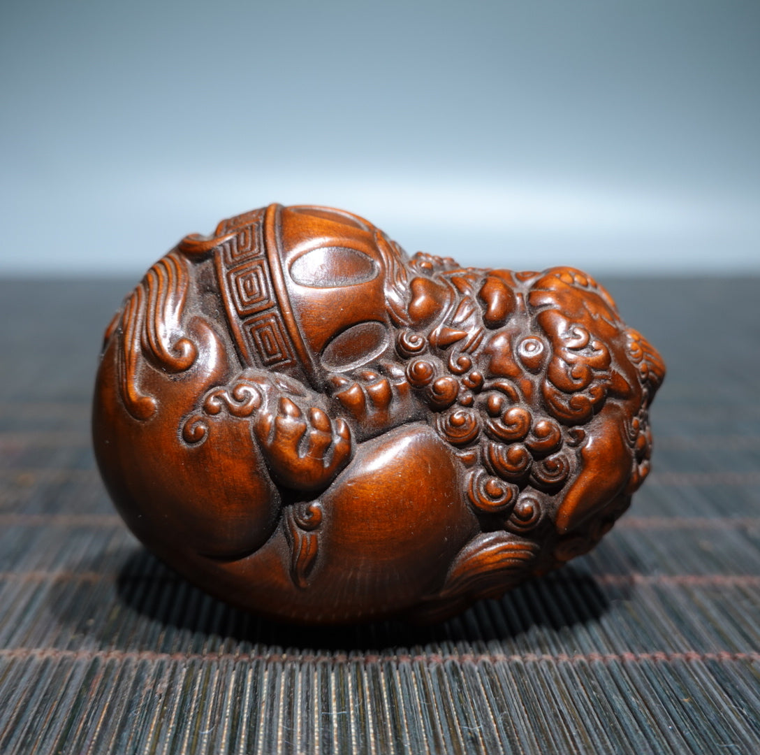 A0276 Chinese Boxwood Wood Carved Lion & Ball Pendant