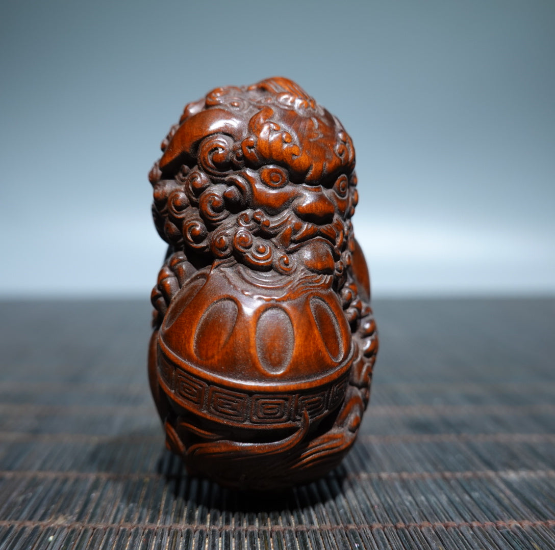 A0276 Chinese Boxwood Wood Carved Lion & Ball Pendant