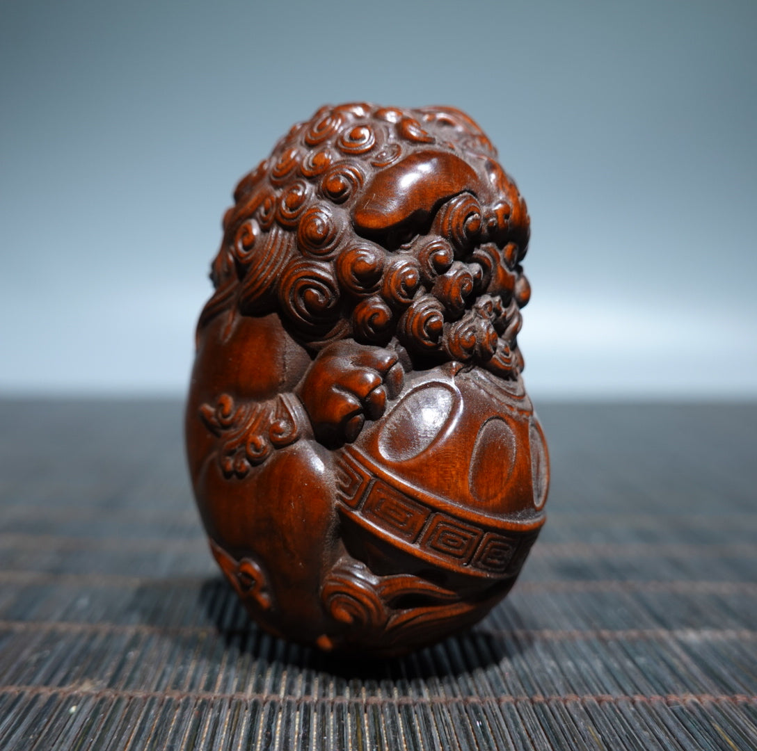 A0276 Chinese Boxwood Wood Carved Lion & Ball Pendant