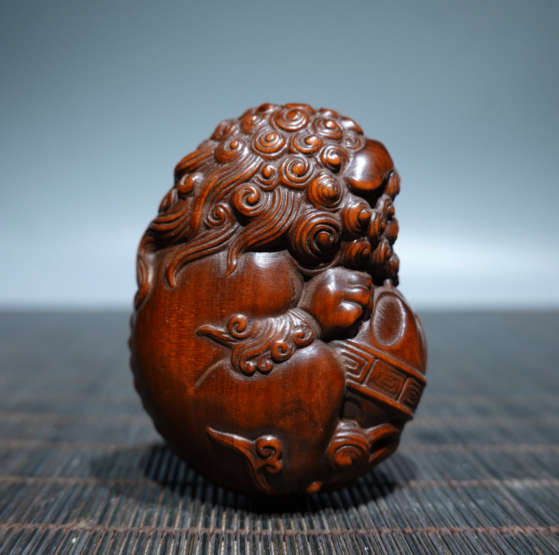 A0276 Chinese Boxwood Wood Carved Lion & Ball Pendant