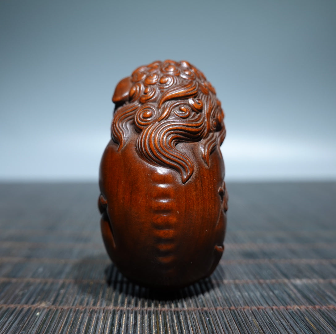 A0276 Chinese Boxwood Wood Carved Lion & Ball Pendant