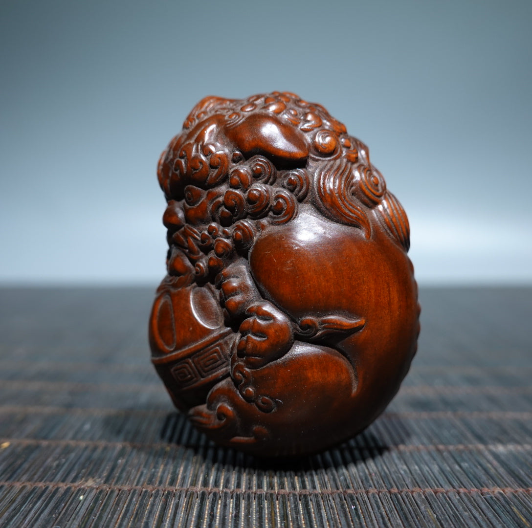 A0276 Chinese Boxwood Wood Carved Lion & Ball Pendant
