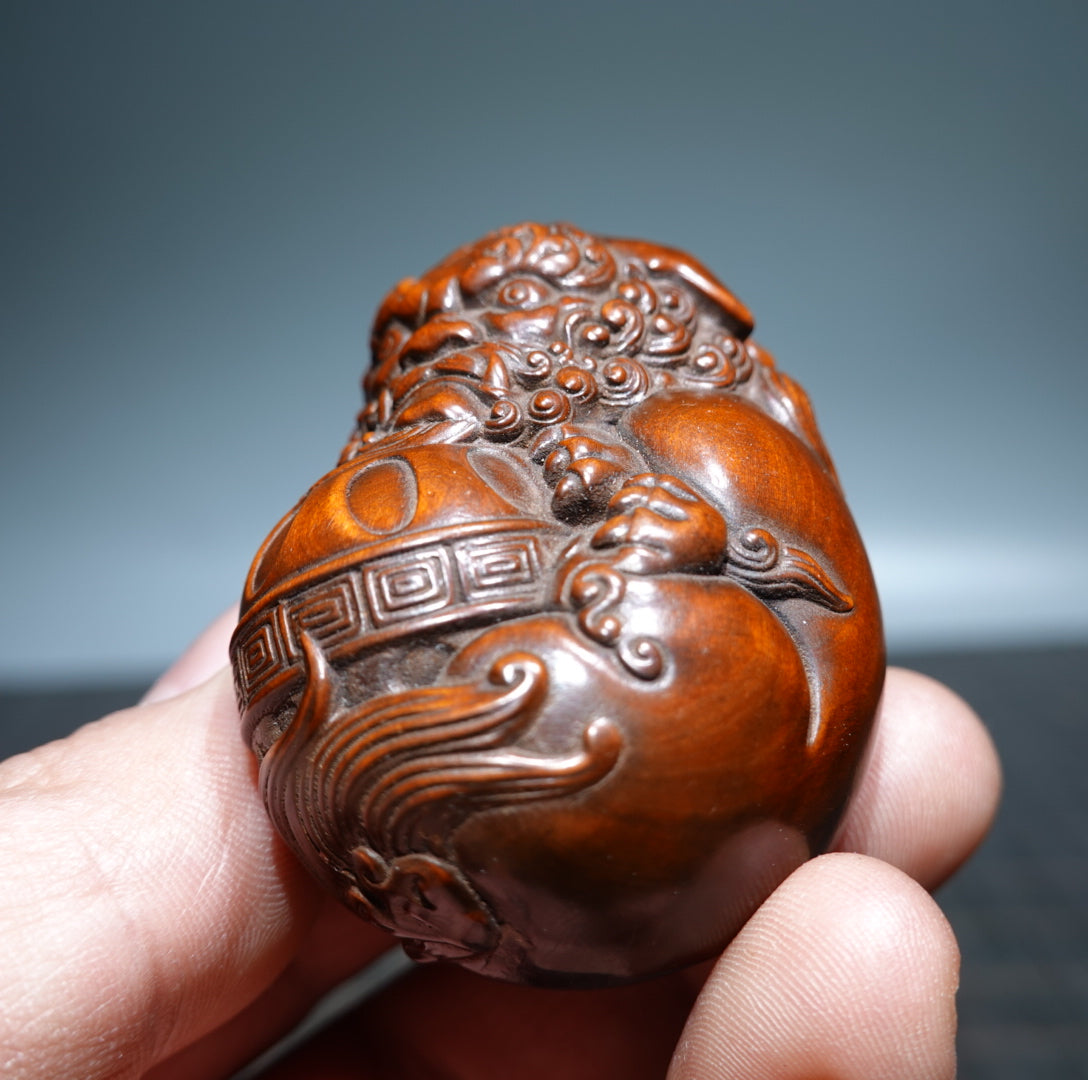 A0276 Chinese Boxwood Wood Carved Lion & Ball Pendant