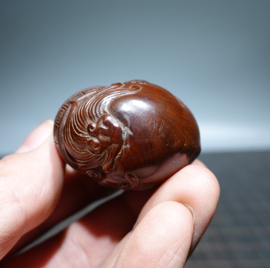 A0276 Chinese Boxwood Wood Carved Lion & Ball Pendant