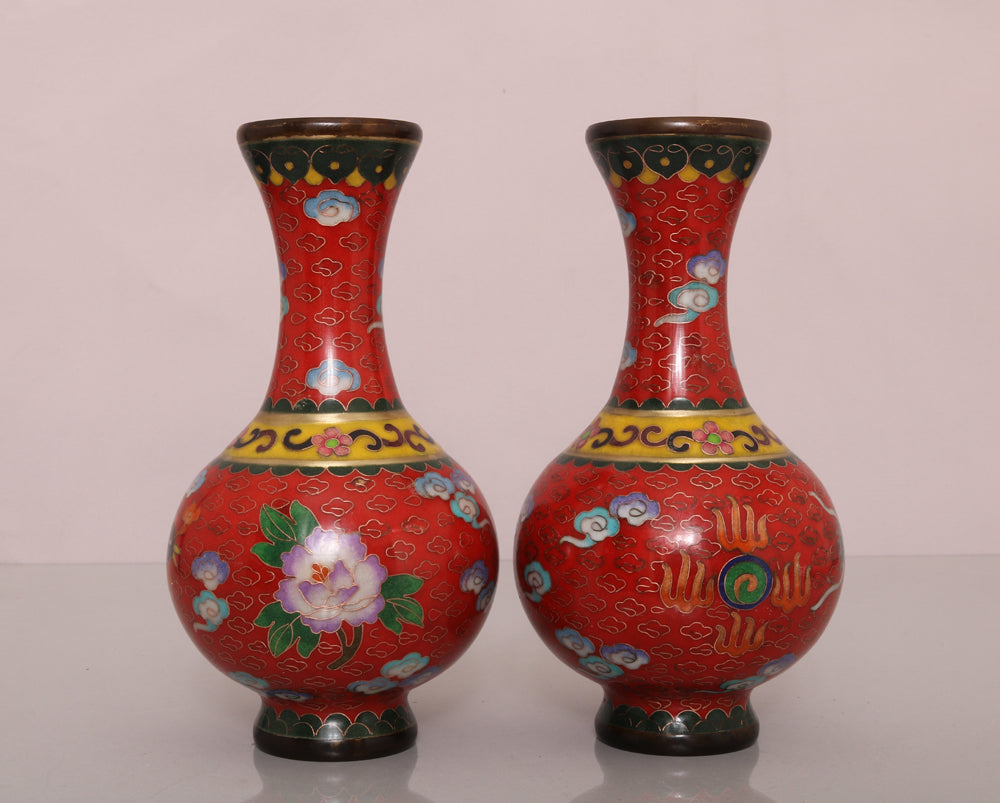 A0281 A Pair Vintage Chinese Bronze Cloisonne Dragon Phoenix Vase