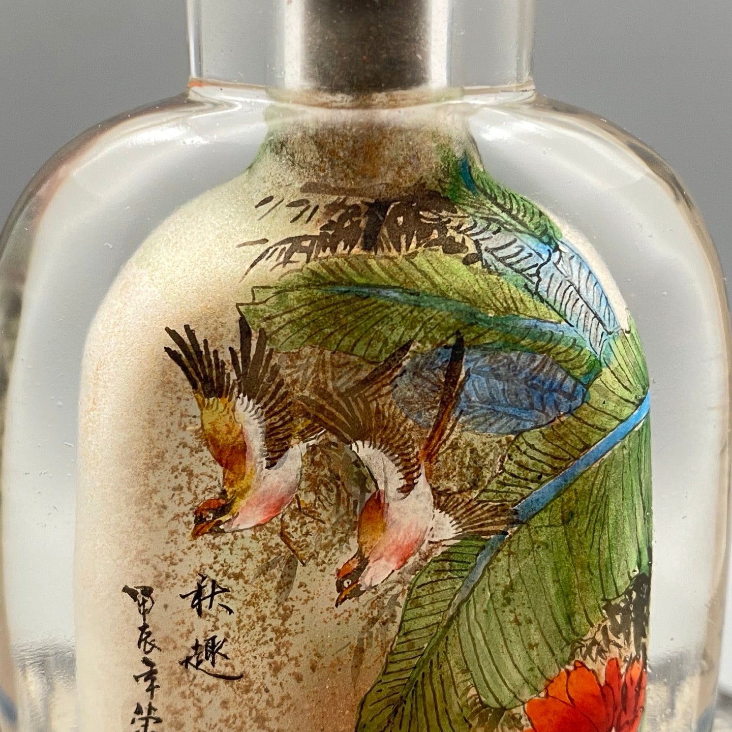 A0300 Old Chinese Peking Glass Inside Painting Flower Bird Design Snuff Bottle