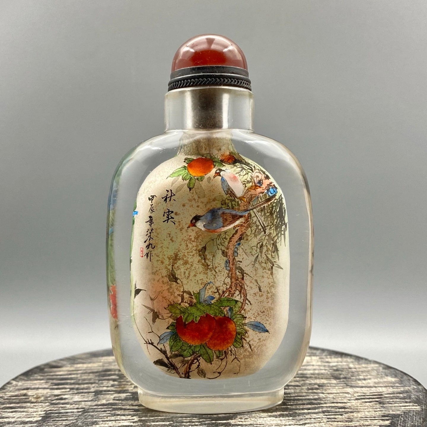 A0300 Old Chinese Peking Glass Inside Painting Flower Bird Design Snuff Bottle