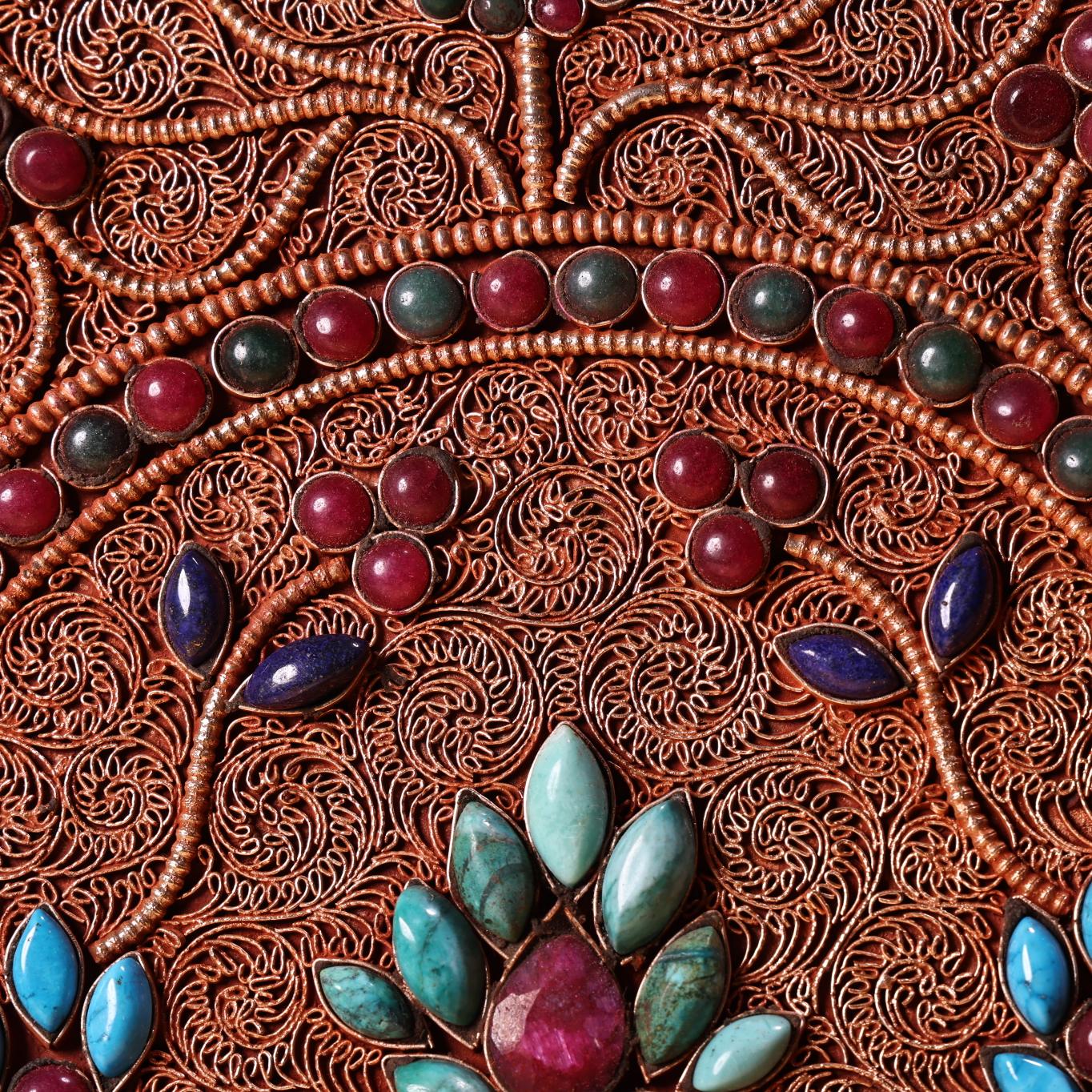 A0335 Tibetan Silver Wires Inlay Lapis Lazuli & Turquoise Flower Design Plate