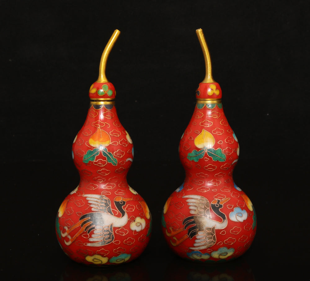 A0351 A Pair Vintage Chinese Gilt Gold Bronze Cloisonne Gourd Bottle