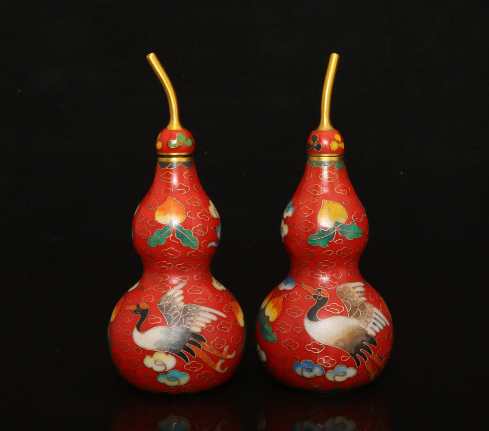 A0351 A Pair Vintage Chinese Gilt Gold Bronze Cloisonne Gourd Bottle