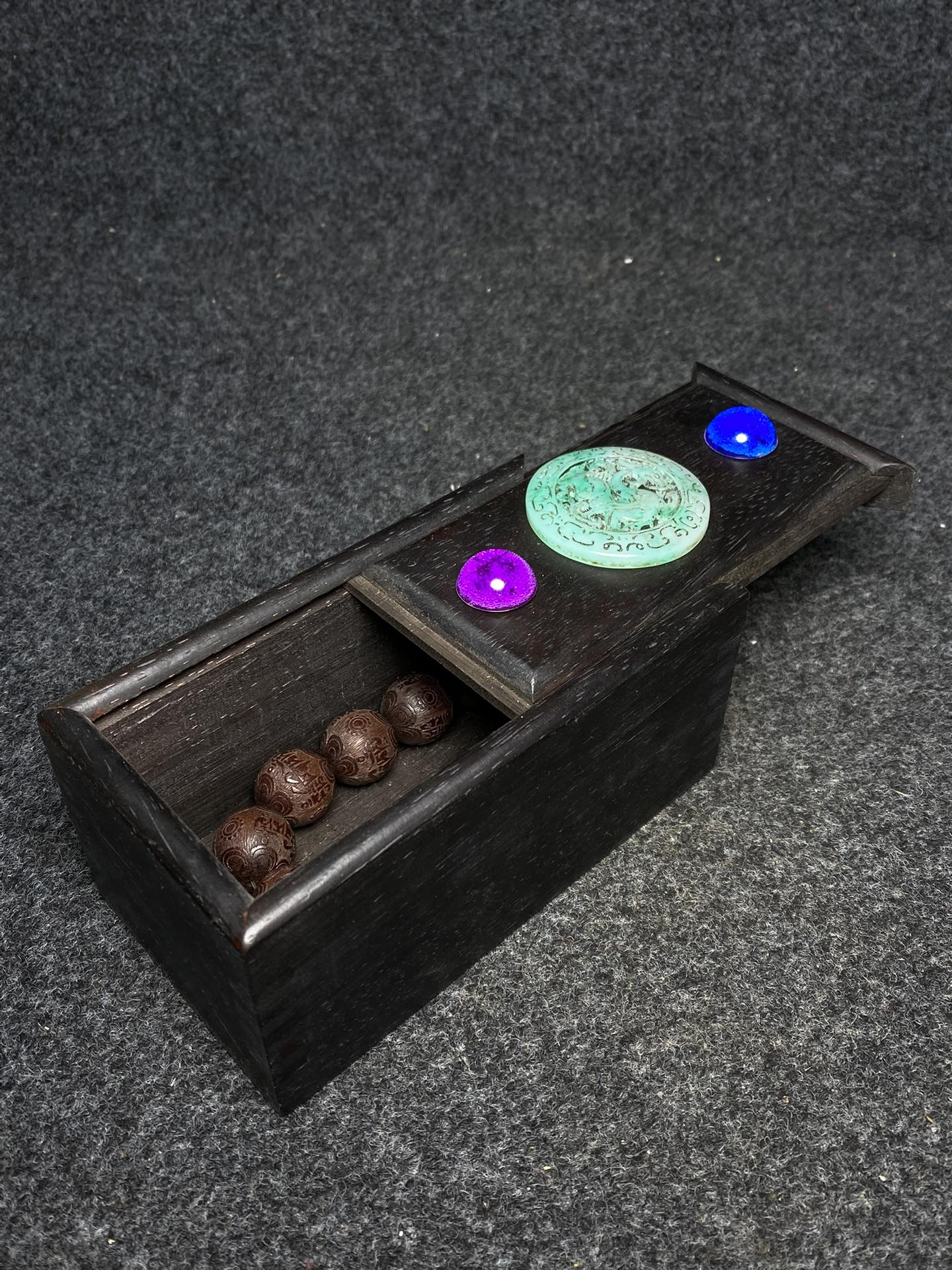 A0353 Chinese Zitan Wood Beads Beaclet w Wood Inlay Gem Box