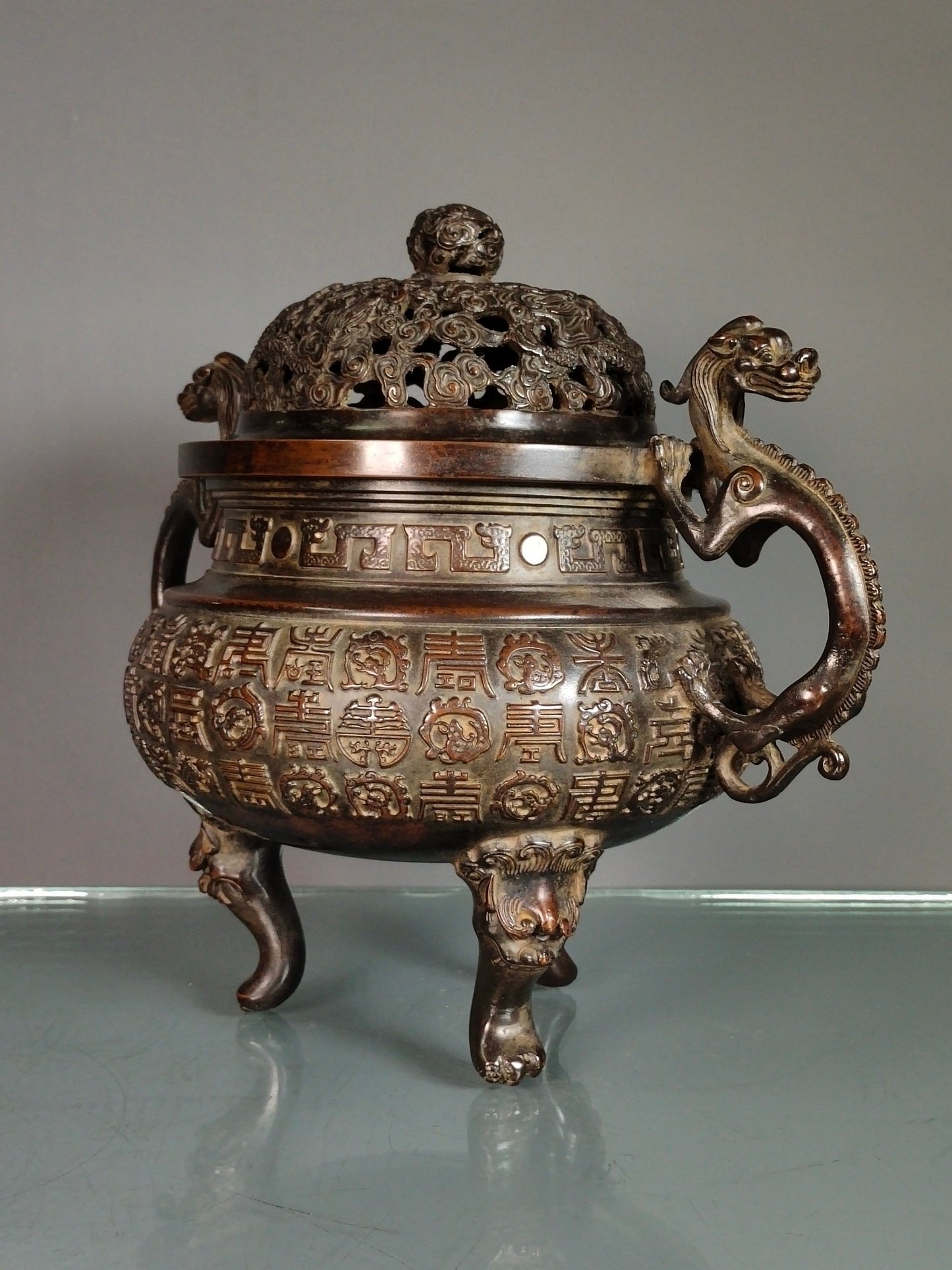 A0354 Openwork Vintage Chinese Copper Chi Dragon Double Ears 3 Legs Incense Burner