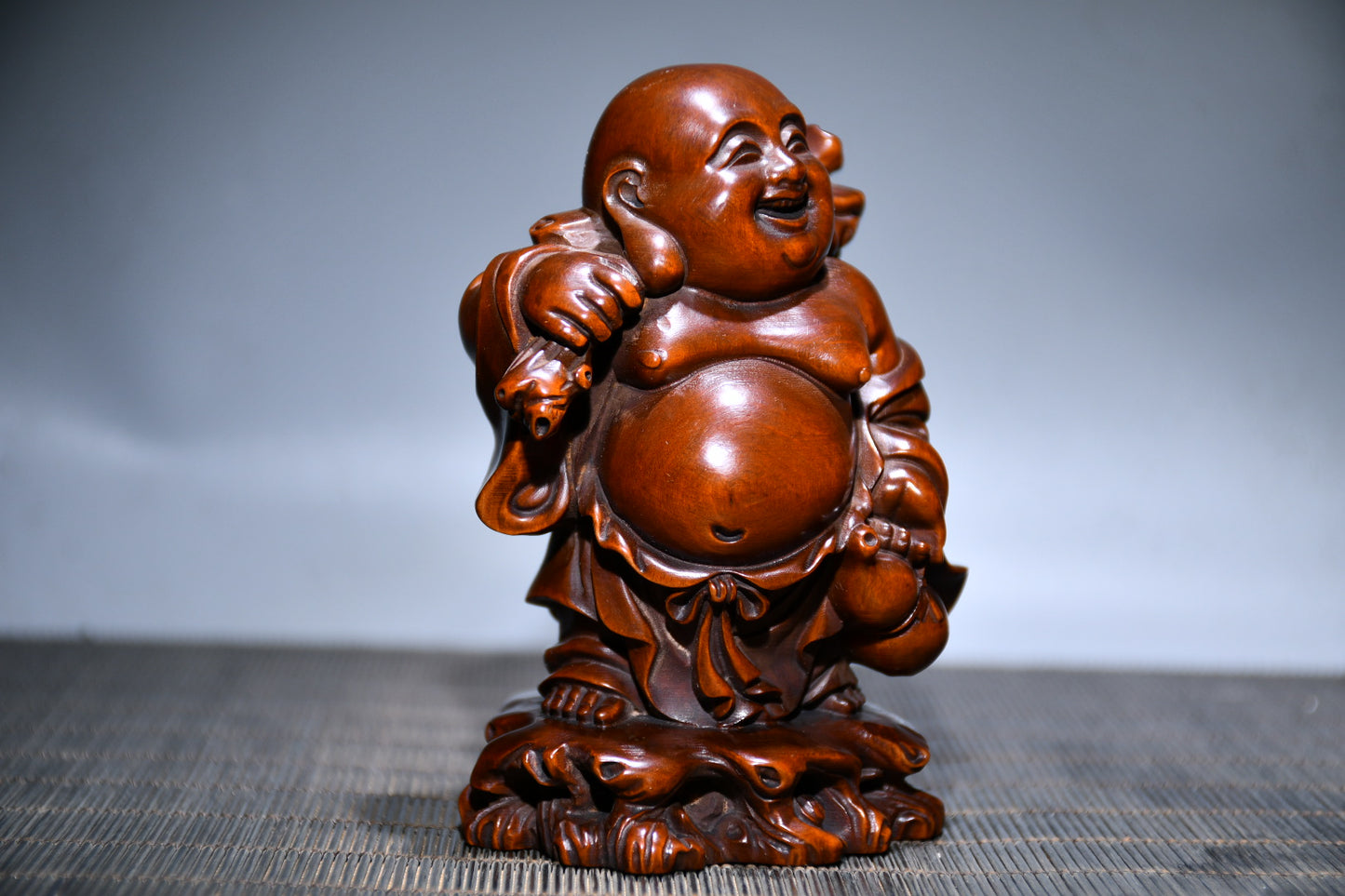 A0364 Chinese Boxwood Wood Carved Laughing Buddha Statue