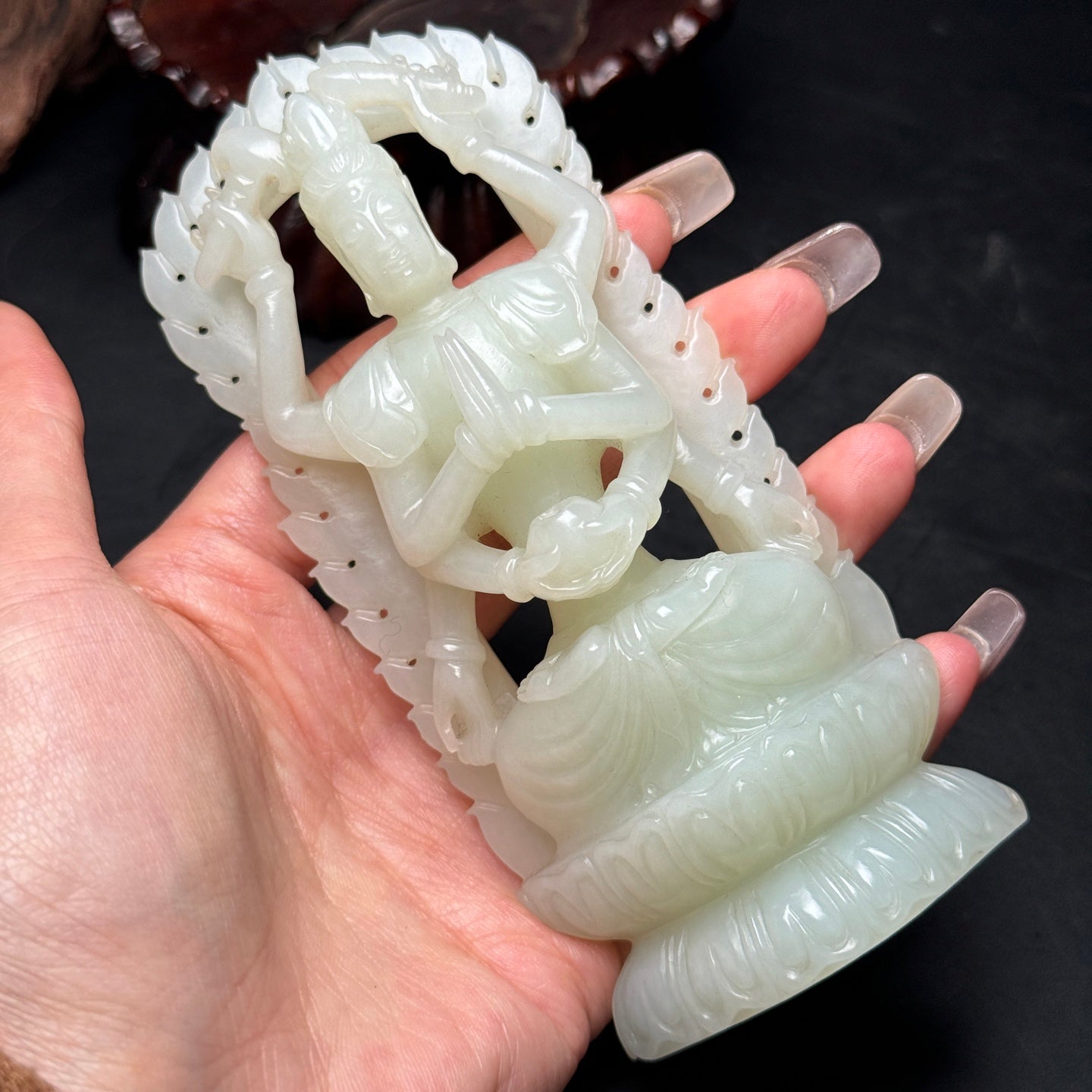 A0365 Superb Chinese Hetian Jade Carved Eight Arms Kwan-yin Statue