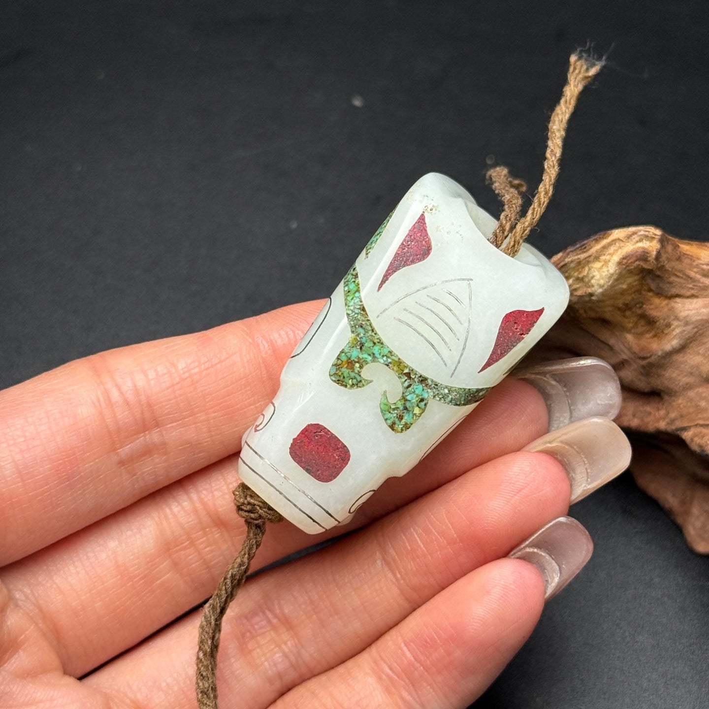 A0381 Old Chinese Hetian Jade Inlay Silver Wires & Turquoise Cicada Pendant