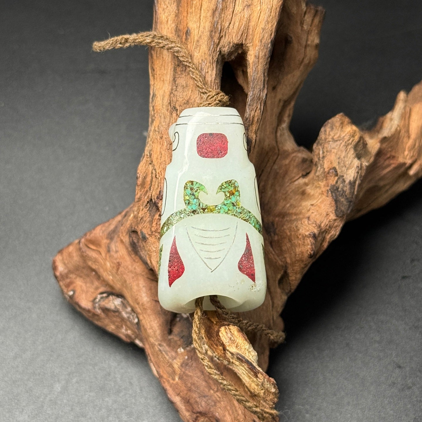 A0381 Old Chinese Hetian Jade Inlay Silver Wires & Turquoise Cicada Pendant