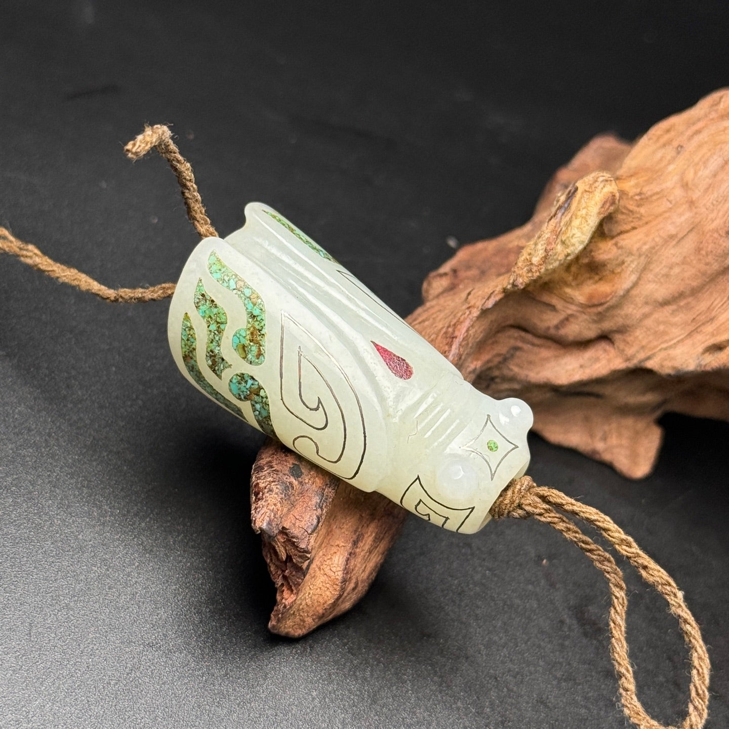 A0381 Old Chinese Hetian Jade Inlay Silver Wires & Turquoise Cicada Pendant