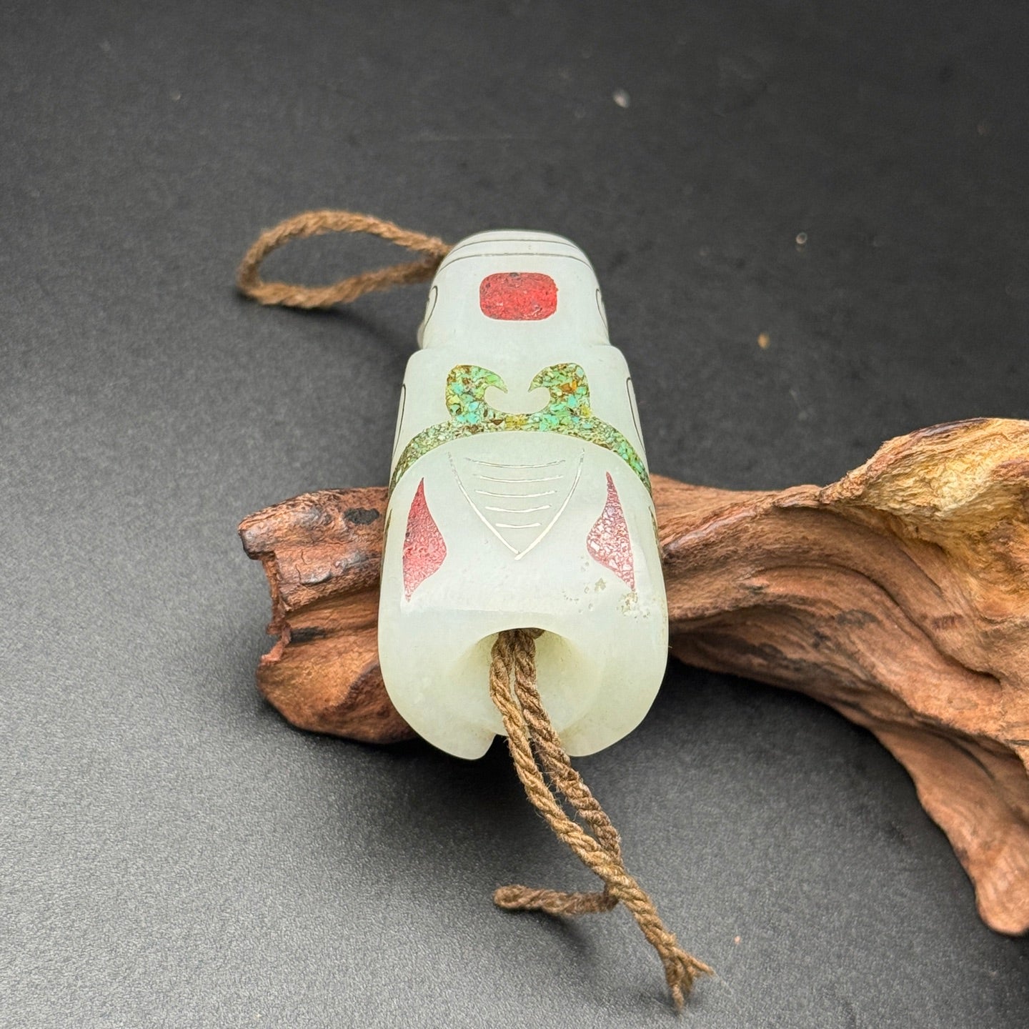 A0381 Old Chinese Hetian Jade Inlay Silver Wires & Turquoise Cicada Pendant
