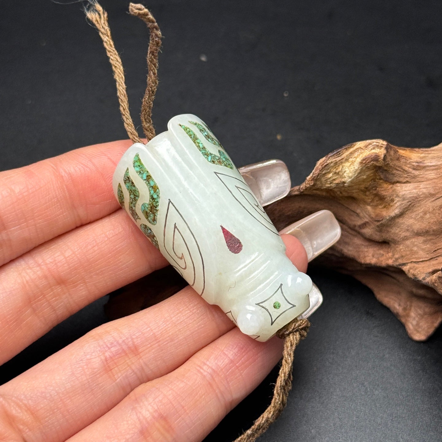 A0381 Old Chinese Hetian Jade Inlay Silver Wires & Turquoise Cicada Pendant