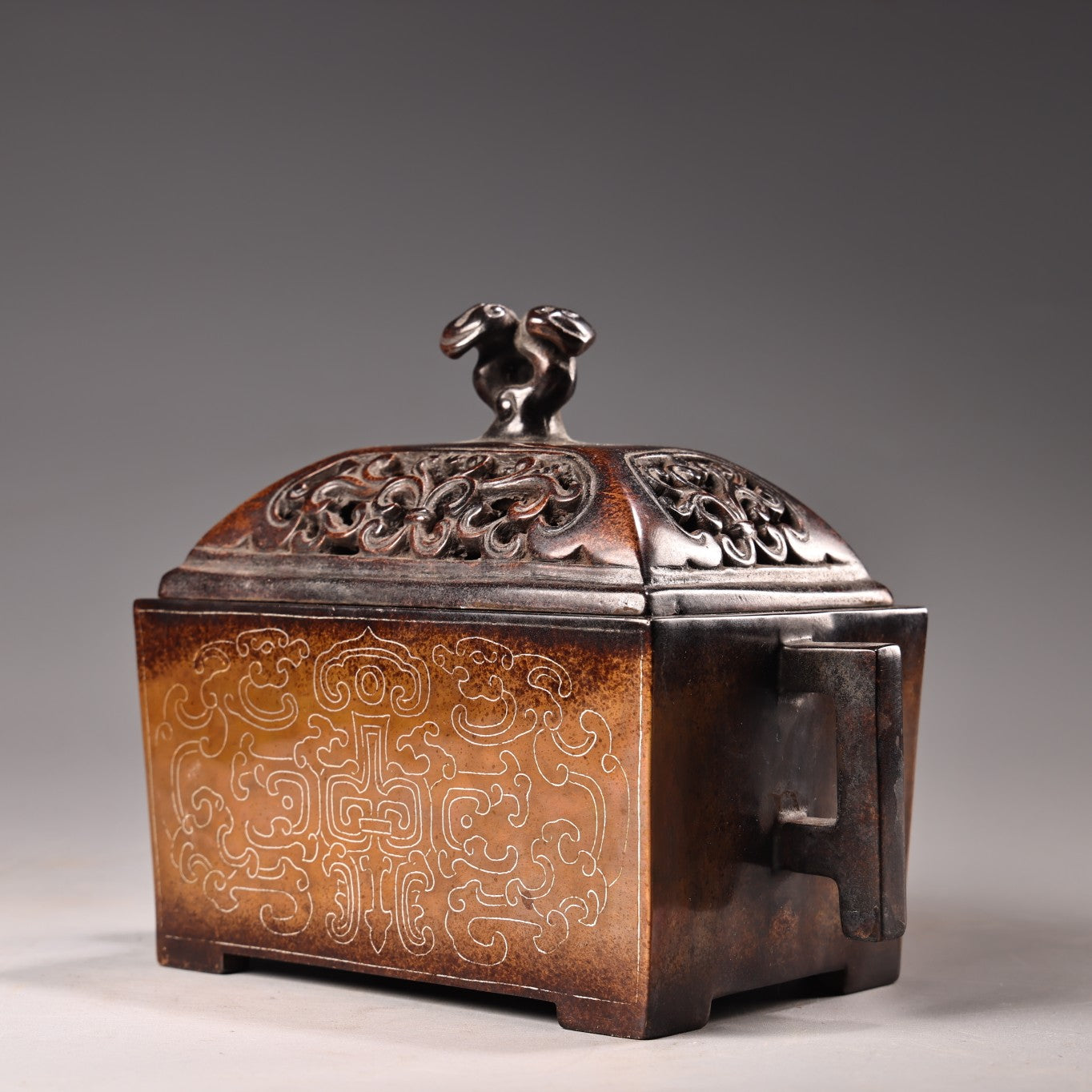 A3085 Openwork Vintage Chinese Copper Inlay Silver Wires Double Ears Incense Burner