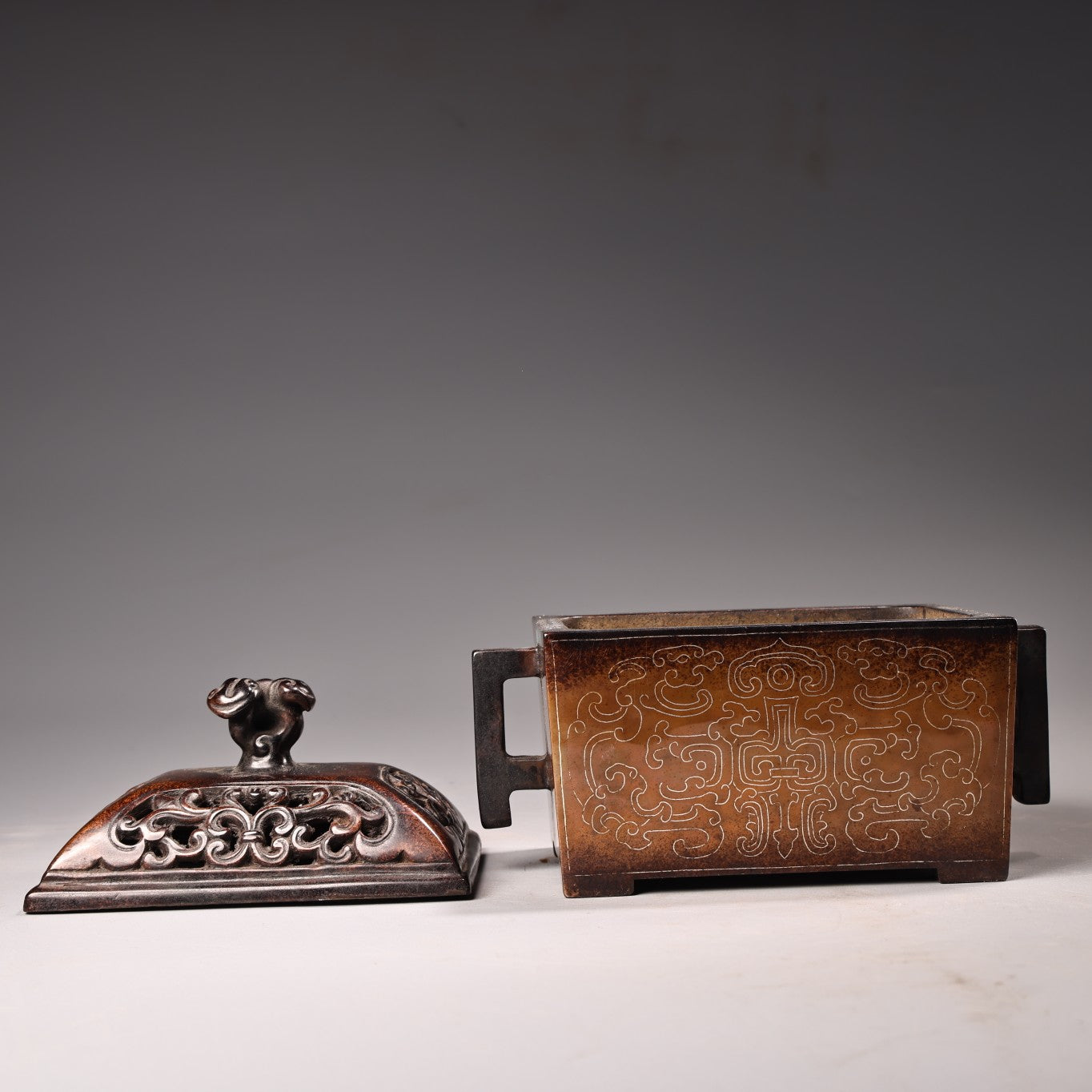 A3085 Openwork Vintage Chinese Copper Inlay Silver Wires Double Ears Incense Burner