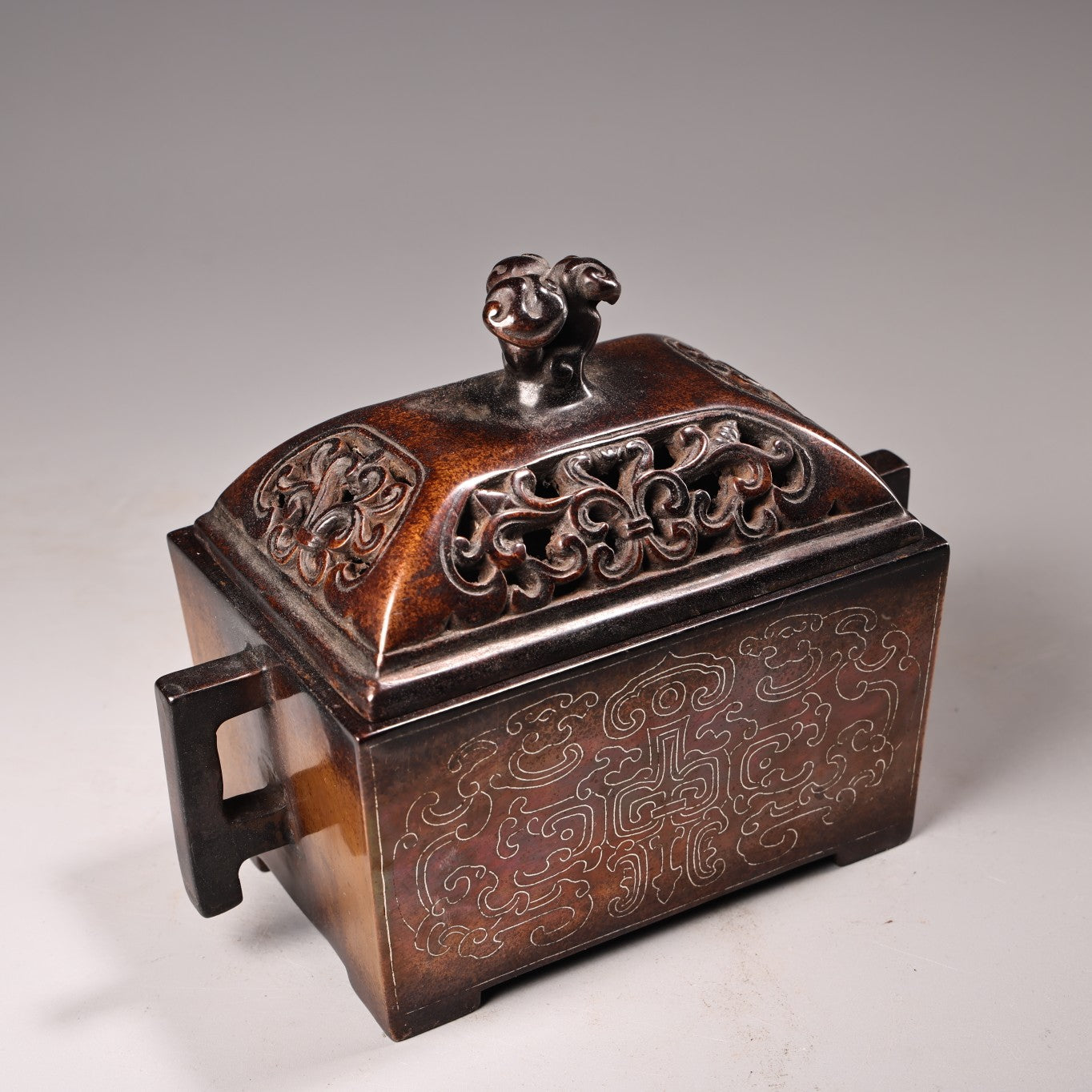 A3085 Openwork Vintage Chinese Copper Inlay Silver Wires Double Ears Incense Burner