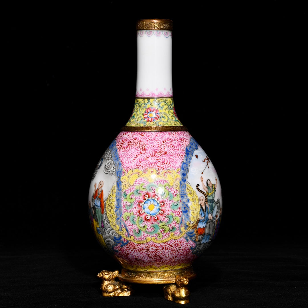 A0386 Chinese Gilt Edge Famille Rose Eighteen Arhat Design Porcelain Vase w Gilt Gold Bronze Base