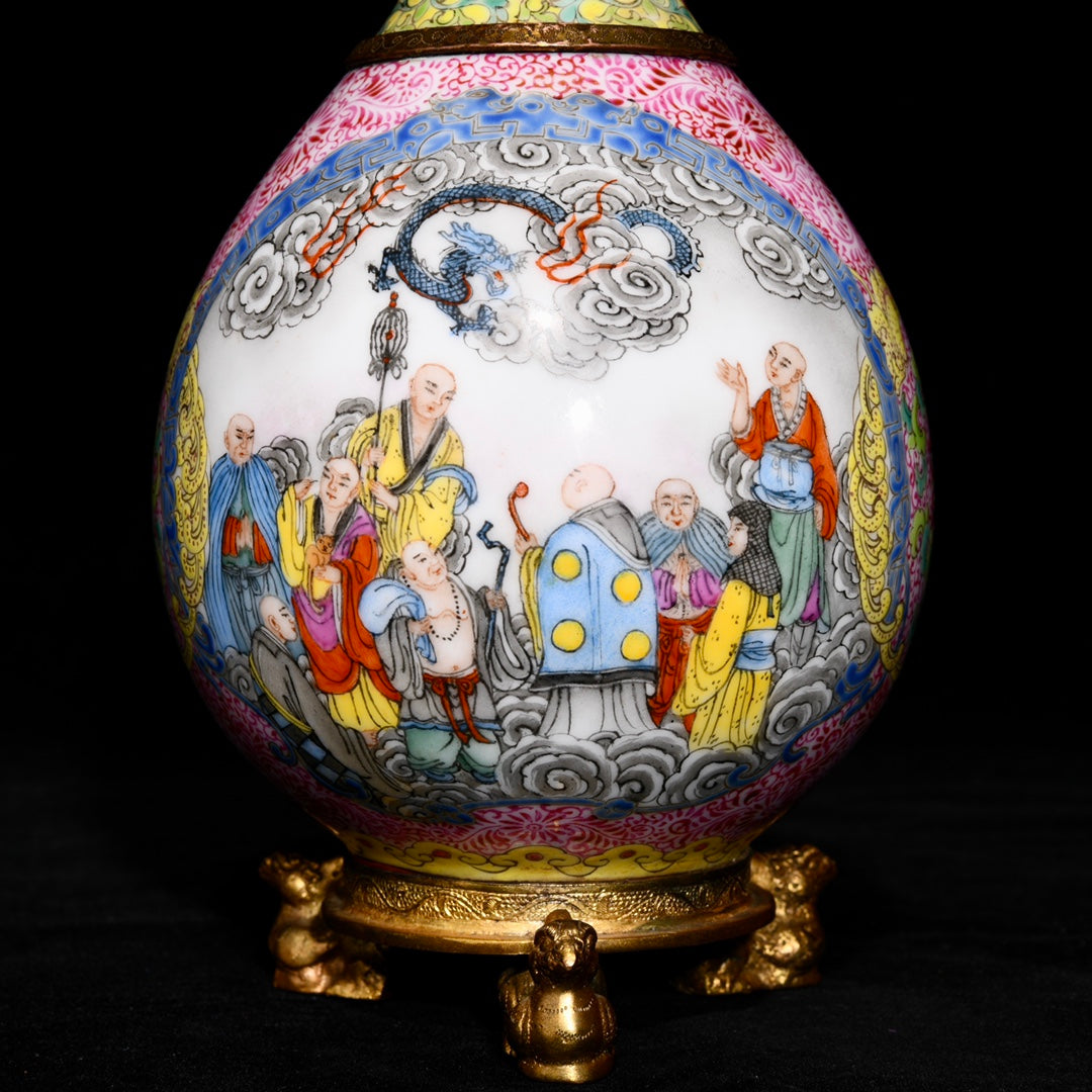 A0386 Chinese Gilt Edge Famille Rose Eighteen Arhat Design Porcelain Vase w Gilt Gold Bronze Base