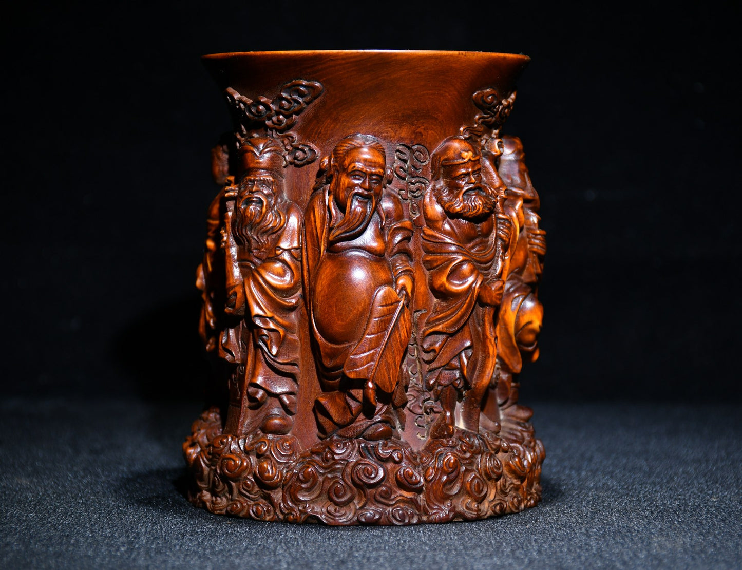 A0396 Old Chinese Boxwood Wood High Relief Eight Taoism Deity Brush Pot