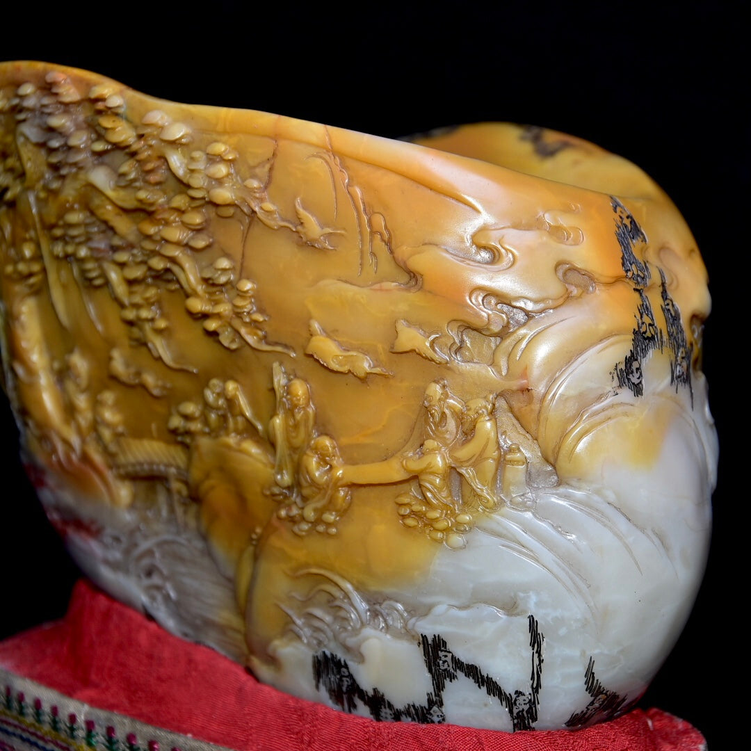 A0404 Superb Chinese Tianhuang Stone Low Relief Sages Meeting Brush Pot Statue