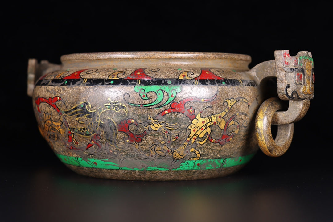 A0414 Vintage Chinese Hetian Jade Hand Drawn Divine Beast Double Ring Incense Burner