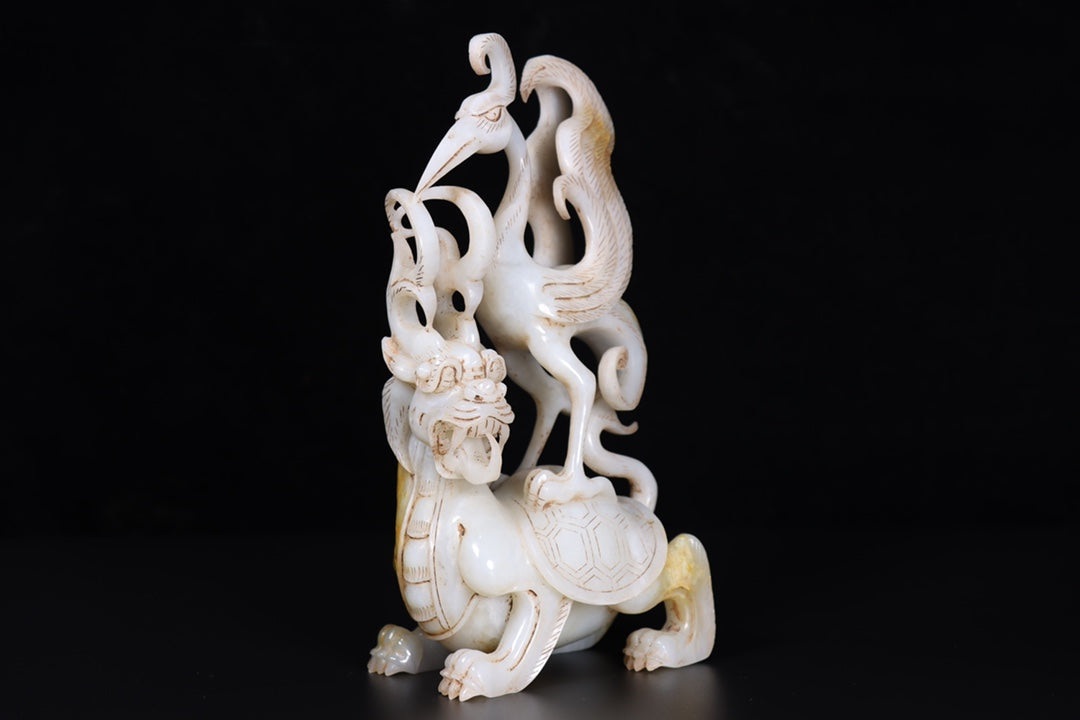 A0415 Old Chinese Hetian Jade Carved Crane & Dragon Turtle Statue