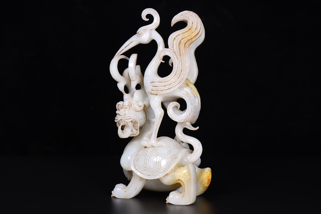 A0415 Old Chinese Hetian Jade Carved Crane & Dragon Turtle Statue