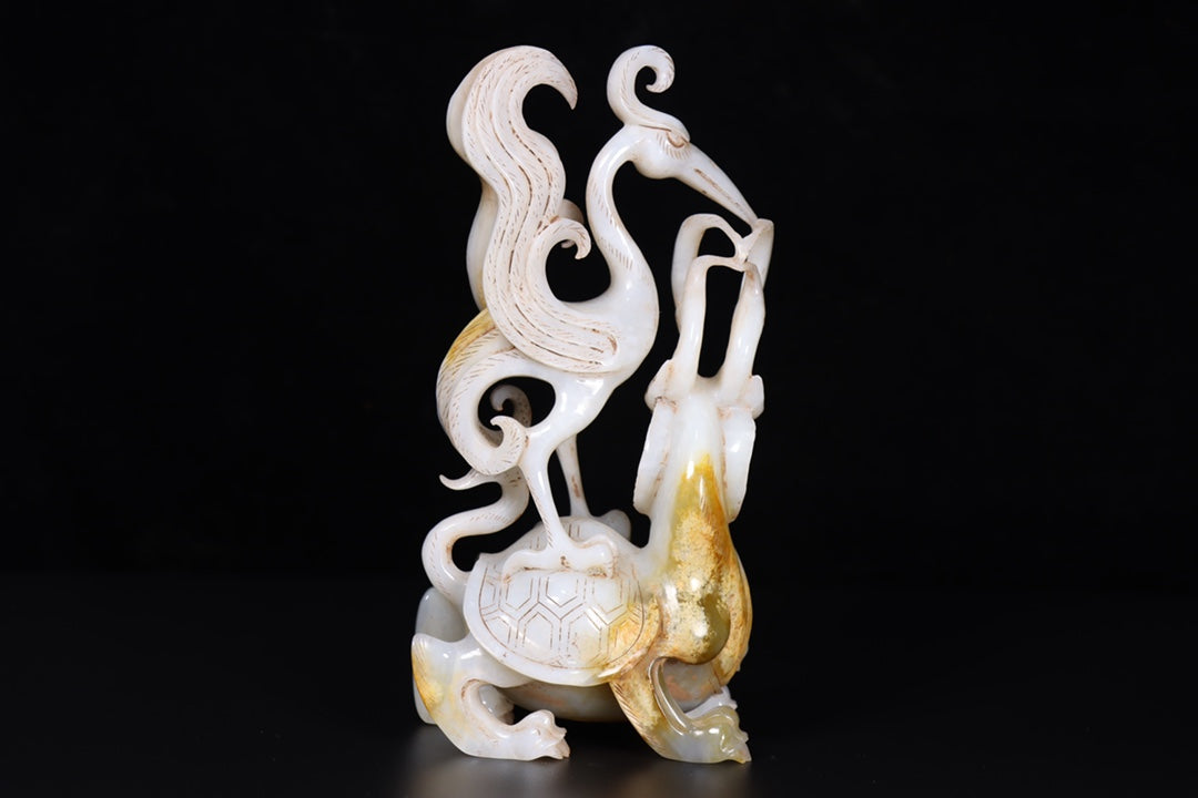 A0415 Old Chinese Hetian Jade Carved Crane & Dragon Turtle Statue