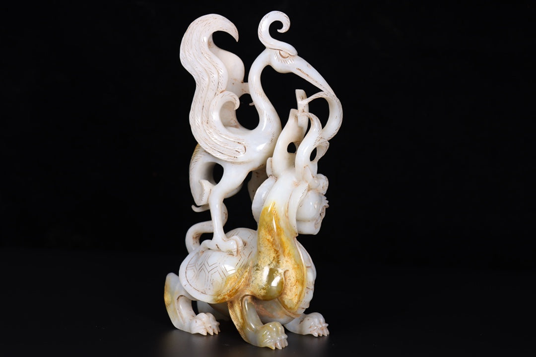 A0415 Old Chinese Hetian Jade Carved Crane & Dragon Turtle Statue